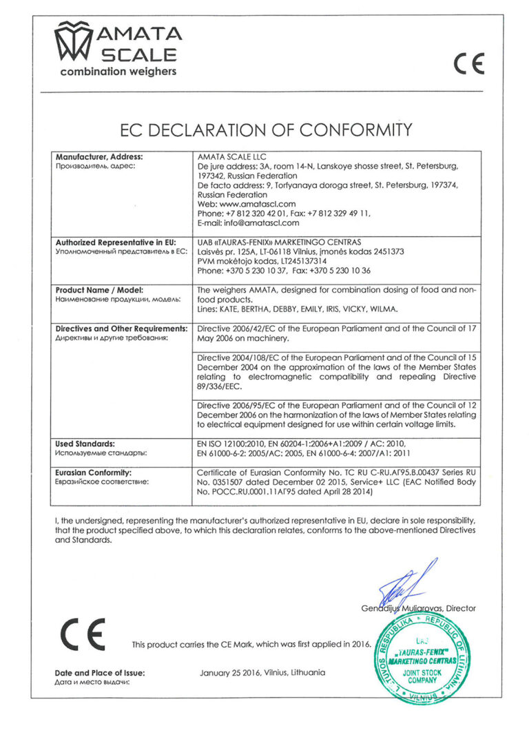 EC Declaration Of Conformity AMATA weighers